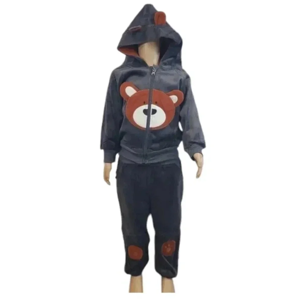 5T Toddler Grey Teddy Bear 2 piece Hoodie and Pants Velvet Outfit Set